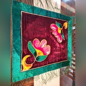 Vintage Velvet Piano Scarf Tablecloth Tapestry 35x32" Fringe Antique